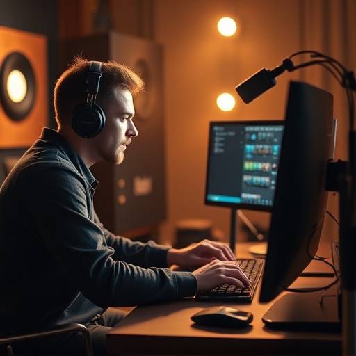 Designer de som trabalhando em um projeto de trilha sonora em um computador